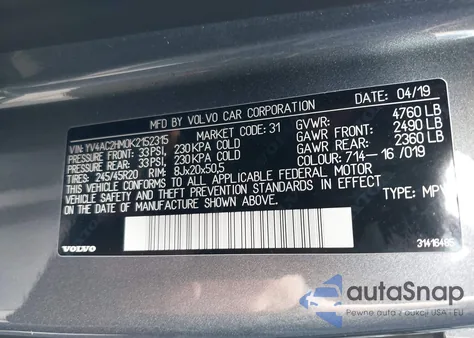 2019 Volvo Xc40 T4 R-Design z USA, uszkodzony, nr VIN YV4AC2HM0K2152315